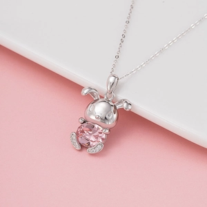 Cute bunny pendant necklace with pink round crystal and sparkling zircon accents