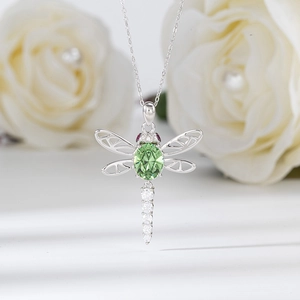 925 Sterling Silver Dragonfly Pendant Necklace Green Austria Crystal Rhinestone Hollow Wings Animal Jewelry For Women