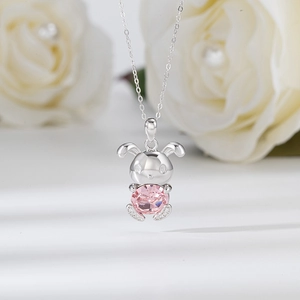 Cute Rabbit Pendant Necklace 925 Sterling Silver Pink Crystal Sweet Animal Charm Jewelry For Women Animal Bunny Necklace