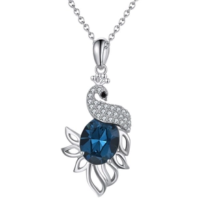 Elegant silver peacock pendant necklace with oval blue crystal and white micro-pavé stones