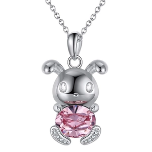 Cute rabbit necklace with pink oval crystal pendant and small zircons on white background