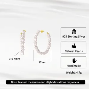 925 silver 14K gold plated large C-shape hoop earrings with 4mm natural pearls