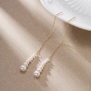 925 Sterling Silver Freshwater Pearl Ear Threads For Women Elegant Gradient Pearl Long Chain Drop Earrings Gold Plated Jewelry