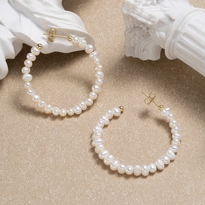 Elegant 925 sterling silver 14K gold C-shaped pearl hoop earrings for women style