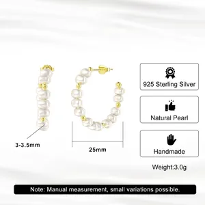 925 sterling silver C-shaped hoop earrings with 3.5mm natural pearls in a golden finish