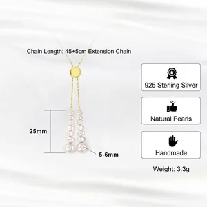 Sautoir en argent 925 avec perles naturelles 5-6mm et chaîne dorée réglable 45+5cm