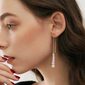 925 silver drop earrings with gradient freshwater pearls on golden chain for women