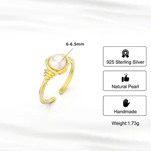 Handmade S925 sterling silver wire wrapped ring with 6-6.5mm natural freshwater pearl