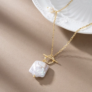 Artificial Baroque Pearl Necklace 925 Sterling Silver Asymmetric Chain Gold Plated Minimalist OT Buckle Jewelry For Women Elegant