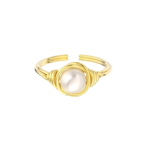 Macro view of adjustable gold-tone wire wrap ring with a round freshwater pearl