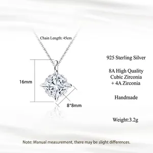 S925 Sterling Silver necklace with 8mm princess cut cubic zirconia and 45cm chain