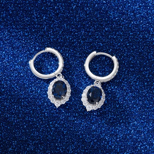 S925 sterling silver hoop earrings with oval blue sapphire zircon and pavé crystals