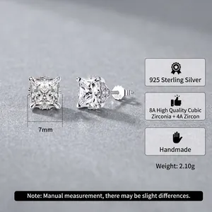 Elegant S925 sterling silver square stud earrings with shimmering 8A cubic zirconia stones