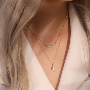 Gros plan du collier double rang doré avec pendentif goutte poire et petits zircons