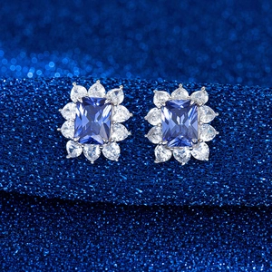 Elegant 925 Sterling Silver Rectangular Blue Zirconia Cluster Stud Earrings High Quality Cubic Zirconia Jewelry For Women