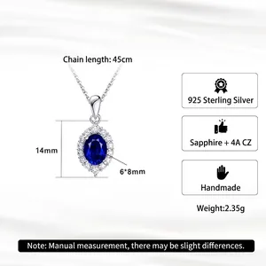 S925 sterling silver necklace with oval sapphire pendant and cubic zirconia halo