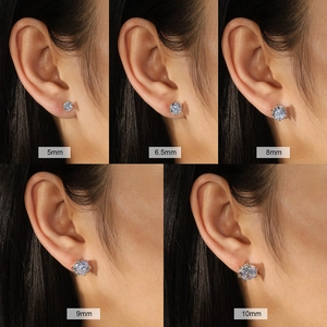 S925 sterling silver six-prong cubic zirconia studs in 5mm to 10mm sizes for women