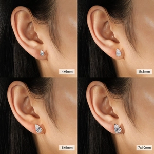 S925 sterling silver pear-shaped zircon stud earrings in four sizes on model ears