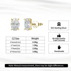 S925 sterling silver oval stud earrings featuring 8A high-grade cubic zirconia stones