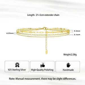 Three-layer gold-plated 925 sterling silver anklet with delicate O-chains and lip pendants