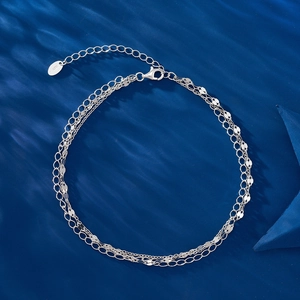Three-layer S925 sterling silver anklet with sequin chains and adjustable lobster clasp
