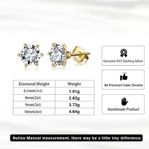 Size chart for 925 sterling silver solitaire stud earrings with cubic zirconia stones