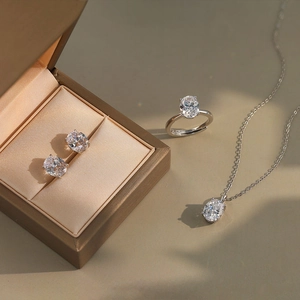 Detailed set of S925 silver jewelry with oval zircon necklace, earrings and ring