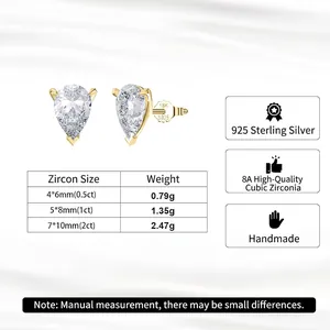 S925 sterling silver pear cut 8A cubic zirconia drop earrings in various carat sizes