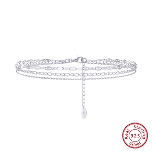 Double-layer sterling silver lip chain anklet with delicate multi-strand tassel design