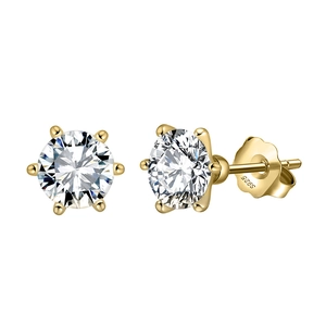 Elegant 925 sterling silver gold-plated six-prong cubic zirconia stud earrings in white gold
