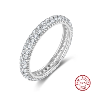 Macro detail of high-quality S925 sterling silver ring with triple row pavé zircon stones