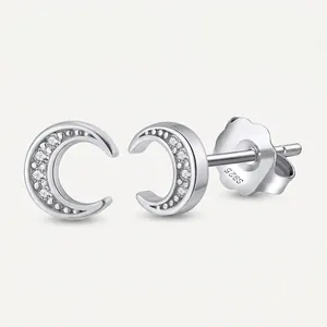 Boucles d'Oreilles Clous Croissant de Lune en Argent Sterling 925 Femmes Zirconia Incrusté Or Argent Plaqué Bijoux Luxe