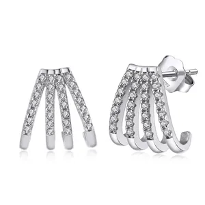 Luxury 925 Sterling Silver 4 Row Pavé Rhinestone Claw Stud Earrings For Women 14K Gold Plated Punk Geometric Fashion Jewelry