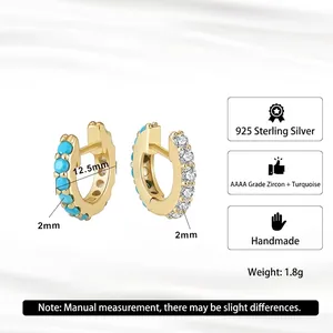 S925 sterling silver gold hoop earrings with white zircon and blue turquoise stones