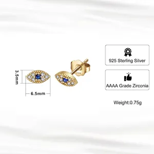 S925 sterling silver evil eye stud earrings with gold plating and blue cubic zirconia