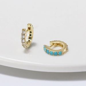 Elegant gold S925 sterling silver hoop earrings with blue stones and white zircon crystals