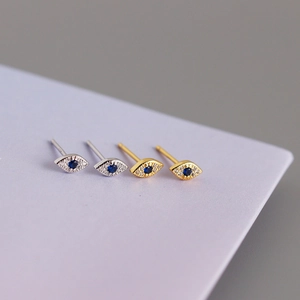 S925 sterling silver evil eye stud earrings set with blue crystal and white zircons