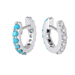 925 Sterling Silver U-Shaped Hoop Earrings With Rhinestone And Artificial Turquoise 14K Gold Plated Huggie Earrings For Women