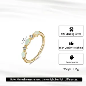 S925 Sterling Silver Ring with Marquis Opal and Round Diamonds in Gold Finish