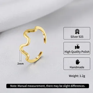 Bague vague minimaliste en argent sterling 925 avec polissage brillant et design ouvert réglable