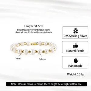 Baroque freshwater pearl and 925 silver beaded bracelet with gold plated accents
