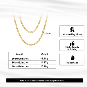 Größentabelle für 2,5mm S925 Sterlingsilber Franco Kette mit Gewichten und Längen
