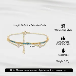 925 silver 18K gold-plated double-layer bracelet with pearls and blue zircon stones