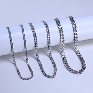 Detail showing five different widths of polished S925 silver Cuban link chain necklaces