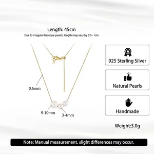 S925 silver gold plated necklace with 3-10mm natural freshwater pearls on 45cm chain