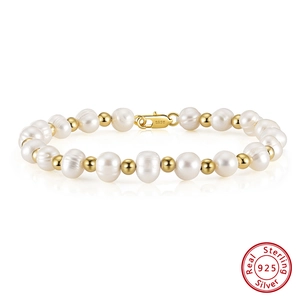 18K Gold Plated 925 Sterling Silver Freshwater Pearl Bead Bracelet For Men Women Elegant Adjustable Handmade Jewelry Gift