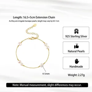 14K gold plated 925 silver bracelet with 4-5mm freshwater pearls and adjustable chain