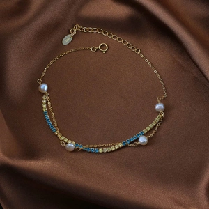 14K gold plated S925 silver bracelet with pearls and colorful zircon stones