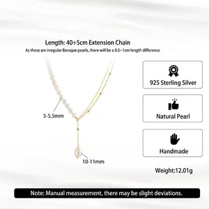 S925 sterling silver triple layered Y-necklace with natural baroque freshwater pearls