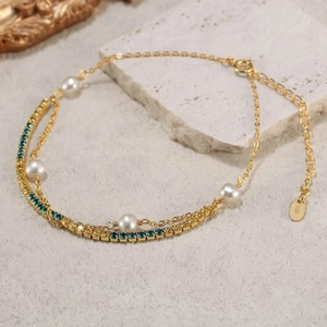 925 Sterling Silver Freshwater Pearl Zirconia Double Layer Bracelet For Women Gold Plated Sporty Elegant Fashion Jewelry